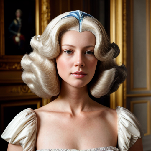 a woman wears a rococo powdered wig in versailles