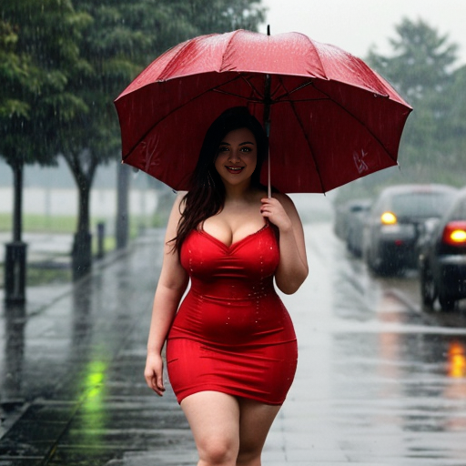 A 18 curvy sexy girl in a red dress in the rain