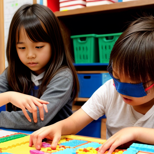 One asian student and 1 blonde student and 1 red haired grade 3 boys and girls making patterns with blocks while only wearing tabbed diapers
