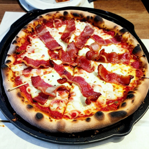 a tasty pizza with bacon on top and fresh cooked peaces of stake on it and tasty peperonis on it and macroni too