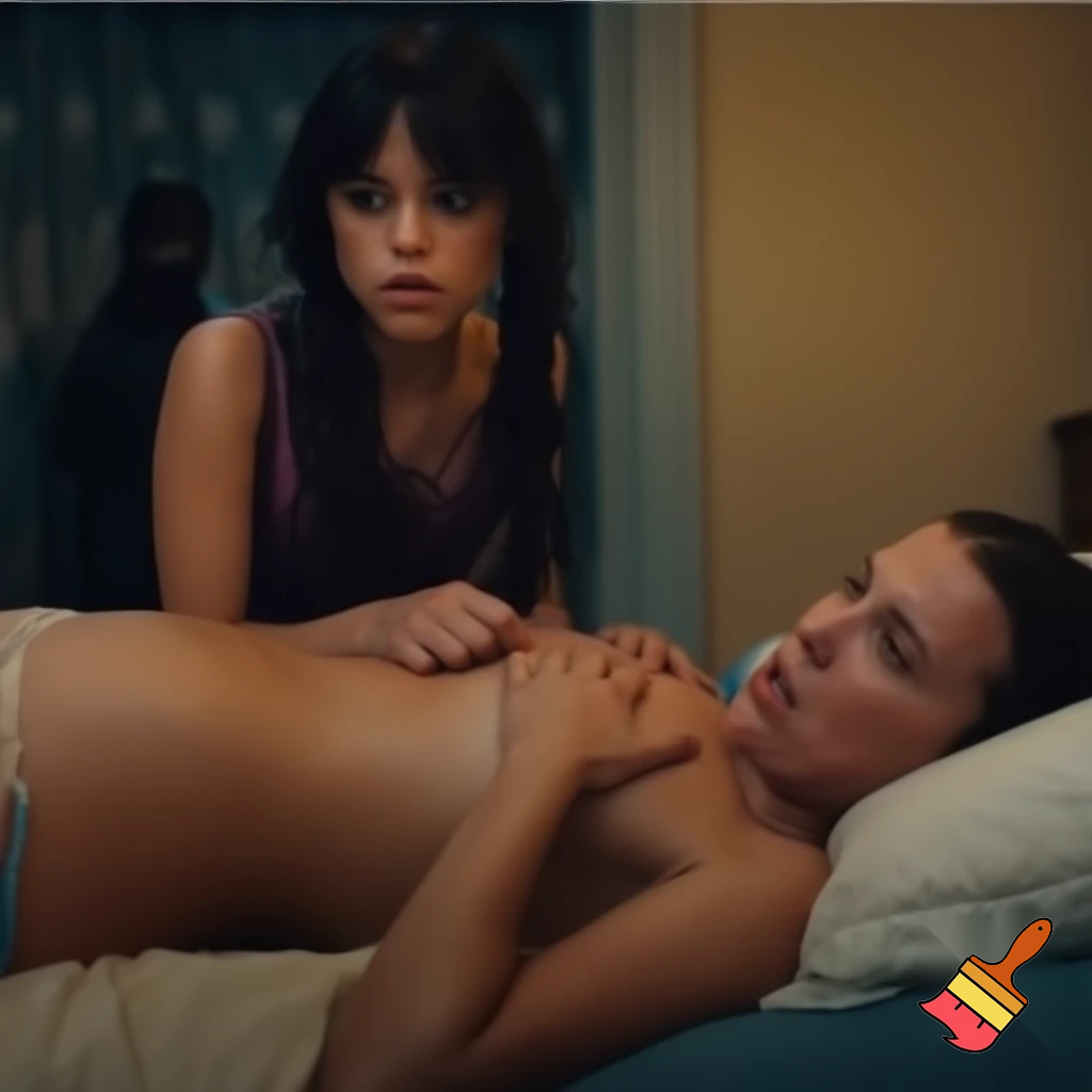 Millie Bobby Brown and Jenna Ortega are fighting on the bed. Millie Bobby Brown is laying astride Jenna's belly ,blocking her. Both are naked and they are very sweaty and angry