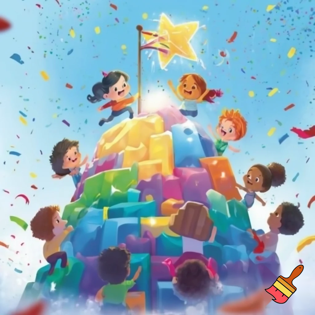 A vibrant, cheerful illustration of a diverse group of kids climbing a colorful, sparkling mountain. One child is at the top, planting a flag shaped like a star
