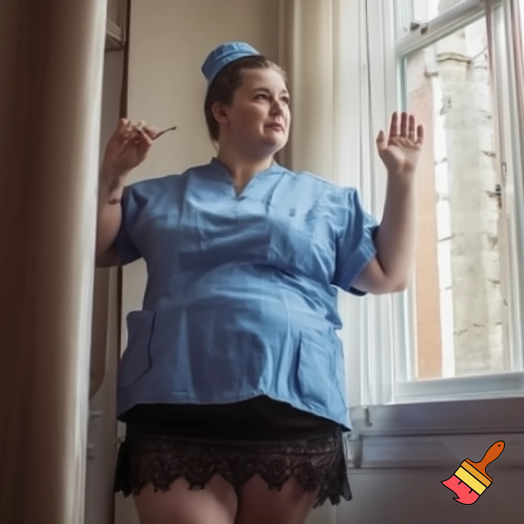 infermiera tettona con minigonna guarda dalla finestra e solleva il culo e si vede la mutanda. la ripresa è dal basso