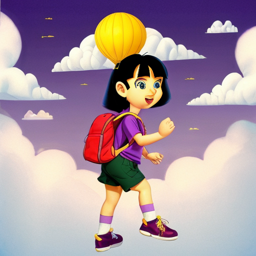 Little Dora purple backpack pink t-shirt orange sex short pants yellow socks white sneakers on a sitting big Cloud ride flying in the Sky the 1990s/early the 2000s mario