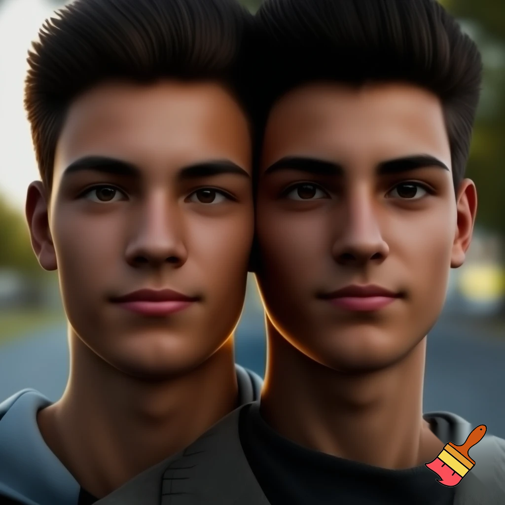 Fotorealistisk bild av två unga män som liknar personerna i referensbilderna.
Den första har lockigt ljusbrunt hår, mjuka ansiktsdrag och en mer uppklädd stil.
Den andra har mörkare lockigt hår, intensiv blick och bär en mörk kortärmad skjorta.
De står tillsammans utanför en klassisk engelsk pub med röd tegelvägg, hängande pubskylt, blomlådor och kullerstensgata.
Kvällsljus, varm och livlig pubstämning, realistisk fotograferingsstil, naturliga färger, hög detaljrikedom.
Inga identifierbara verkliga personer.