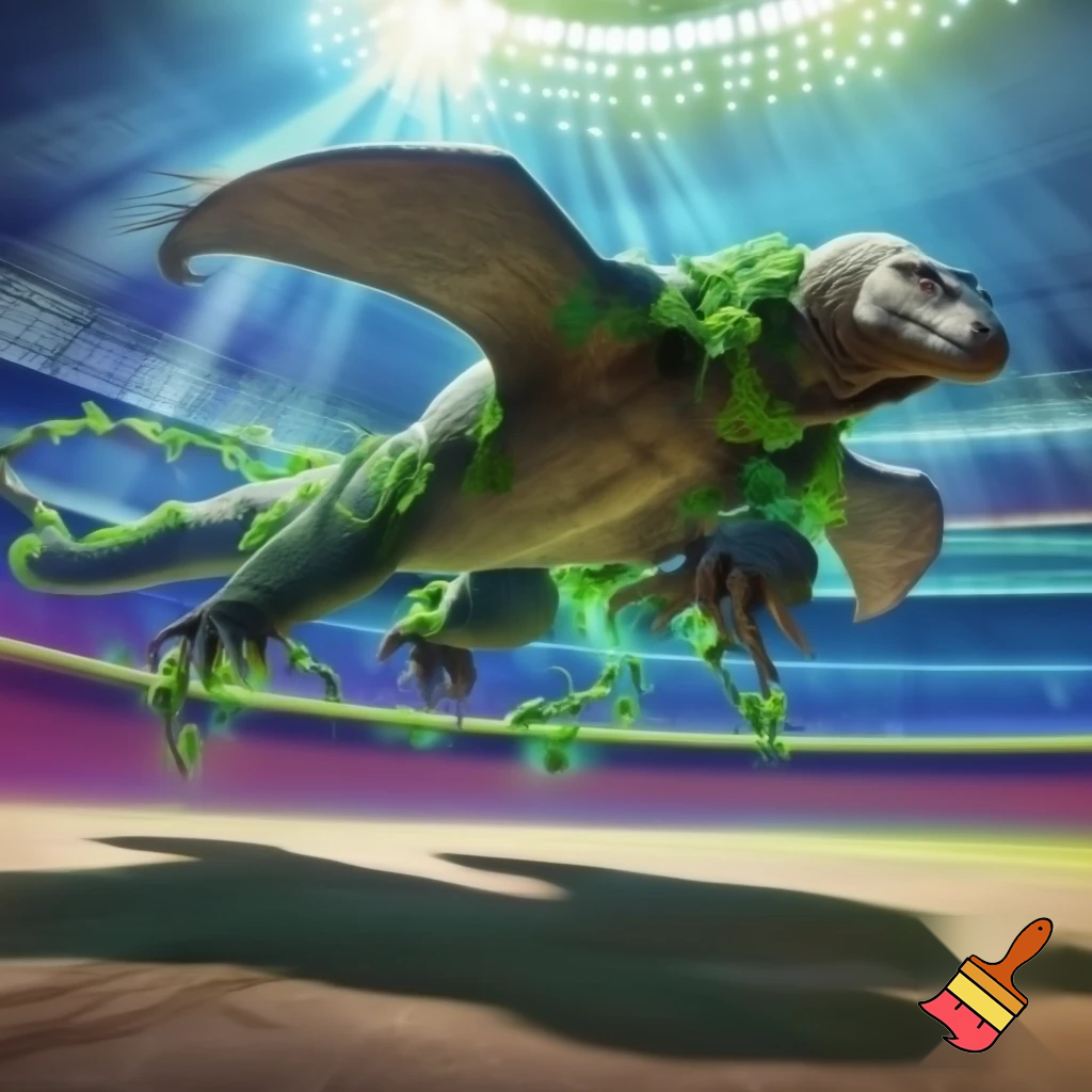 Half komodo Dragon half stingrays flying in a stadium with poison ivy