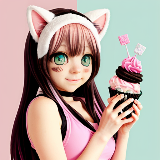 A cute cat furry in this style with “moe” style anime eyes and Neapolitan ice cream themed. Long, fluffy hair with pink/white/brown accessories, with large, cute paws