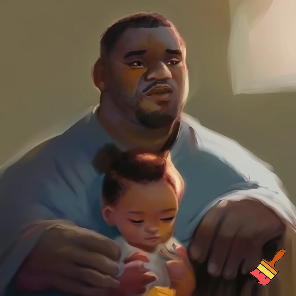 big black guy standing behind a little kid with middle part haircut