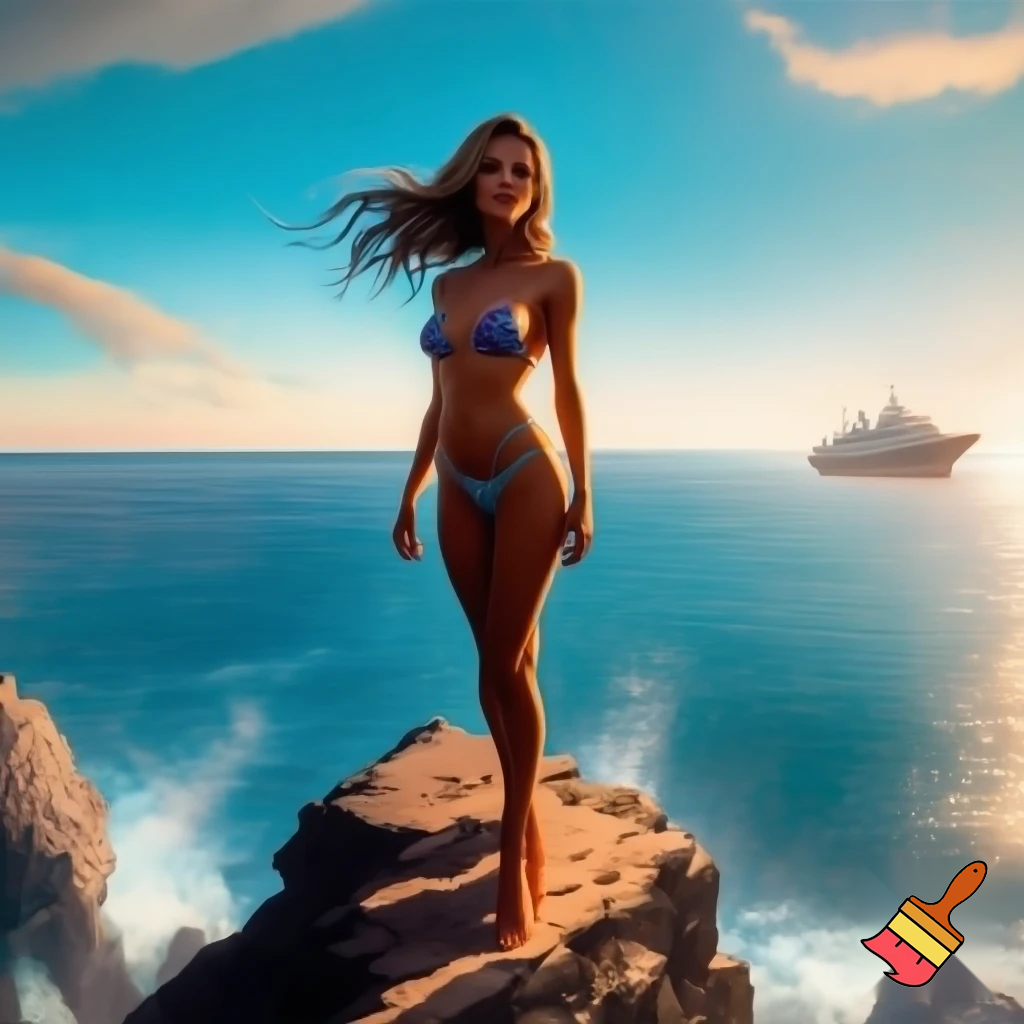 a beautiful woman on a cliff wearing a bikini, you can see the ocean and a big boat in the distance