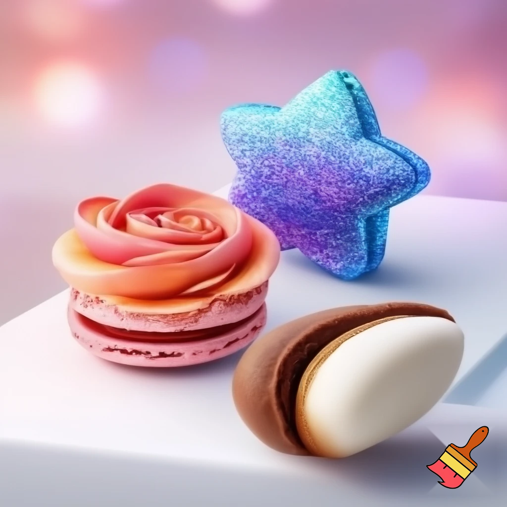 3 different types macaroons in different shapes and colors/ flavors