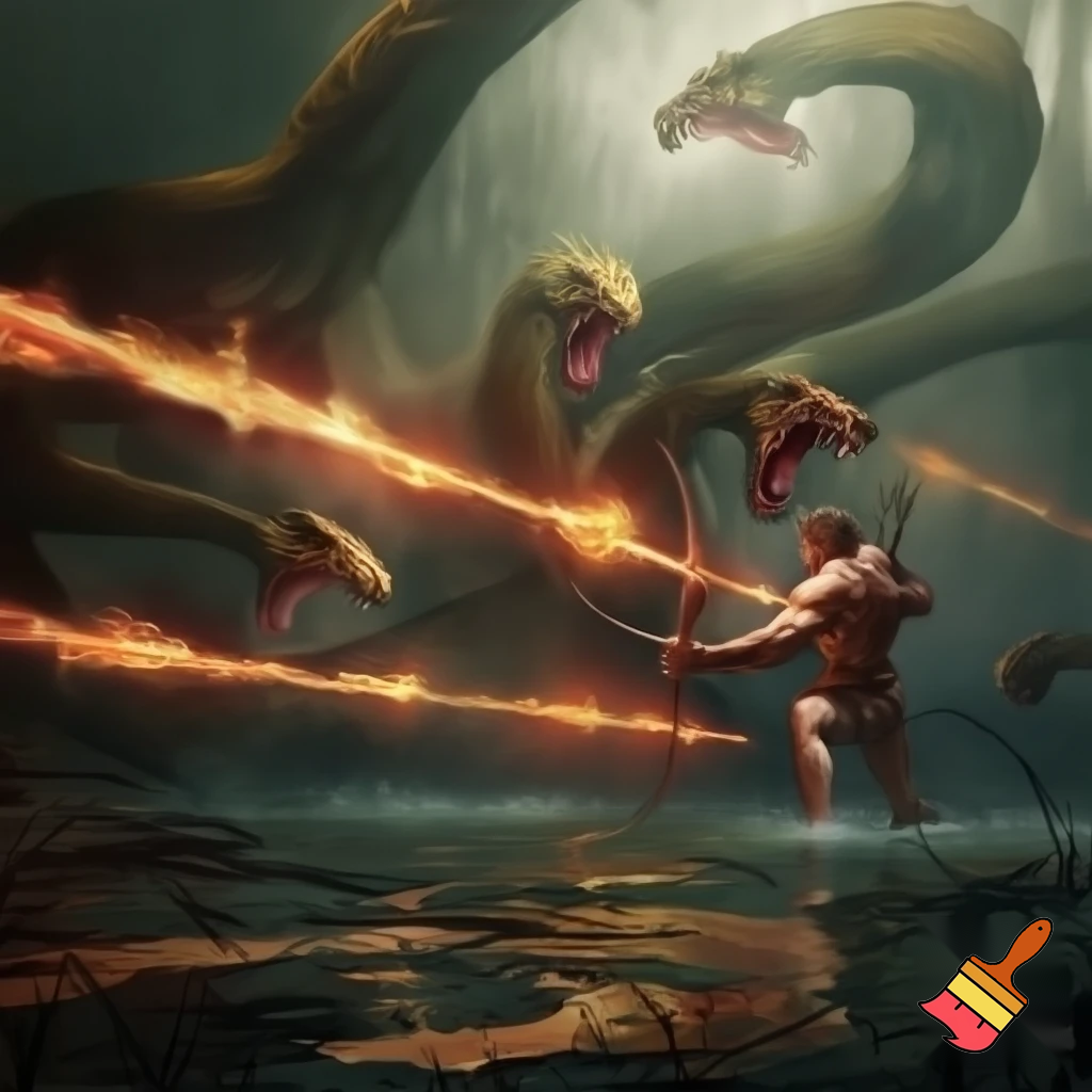 Hercules shooting flaming arrows, fire reflections on swamp water, arrows hitting Hydra, creature roaring in pain, cinematic action, dynamic camera