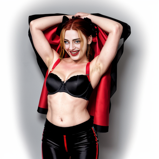 90's disney's 2d aladdin style comic black background and panels of 
panel 1 Harley Quinn with light black and red striped harem pants and bra and black and red curved slippers with both hand palms place together and hiding the bottom of her mouth with a light black and red striped veil wrapped around her arms and shoulders. 
panel 2 she danced with light black and red striped harem pants with light black and red striped bra and red and black curved slippers and with light black and red striped veil wrapped around her arms and shoulders and raising legs and bounced up and down her belly and shook her hips left and right. 
panel 3 as Harley Quinn with light black and red striped harem pants and bra and red and black curved slippers and with red and light black striped veil wrapped around her shoulders and arms and spreading her arms, happily revealing her face to the viewer and giving a smile as she shook her belly left and right. 
Panel 4 Harley Quinn with light black and red striped harem pants and bra and black and red curved slippers and with light black and red striped veil wrapped around her shoulders and arms has started to fading away , except her belly, which is bouncing around and growing. 
Panel 5 then the ball transforms into the fading in belly of Giant red haired giganta barefoot with dark yellow spotted yellow harem pants and bra and dark yellow spotted yellow veil wrapped around her arms and shoulders with her swaying her hips. 
Panel 6 red haired giganta barefoot with dark yellow spotted yellow harem pants and bra and dark yellow spotted yellow veil wrapped around her arms and shoulders then she is flexing her muscled arms.