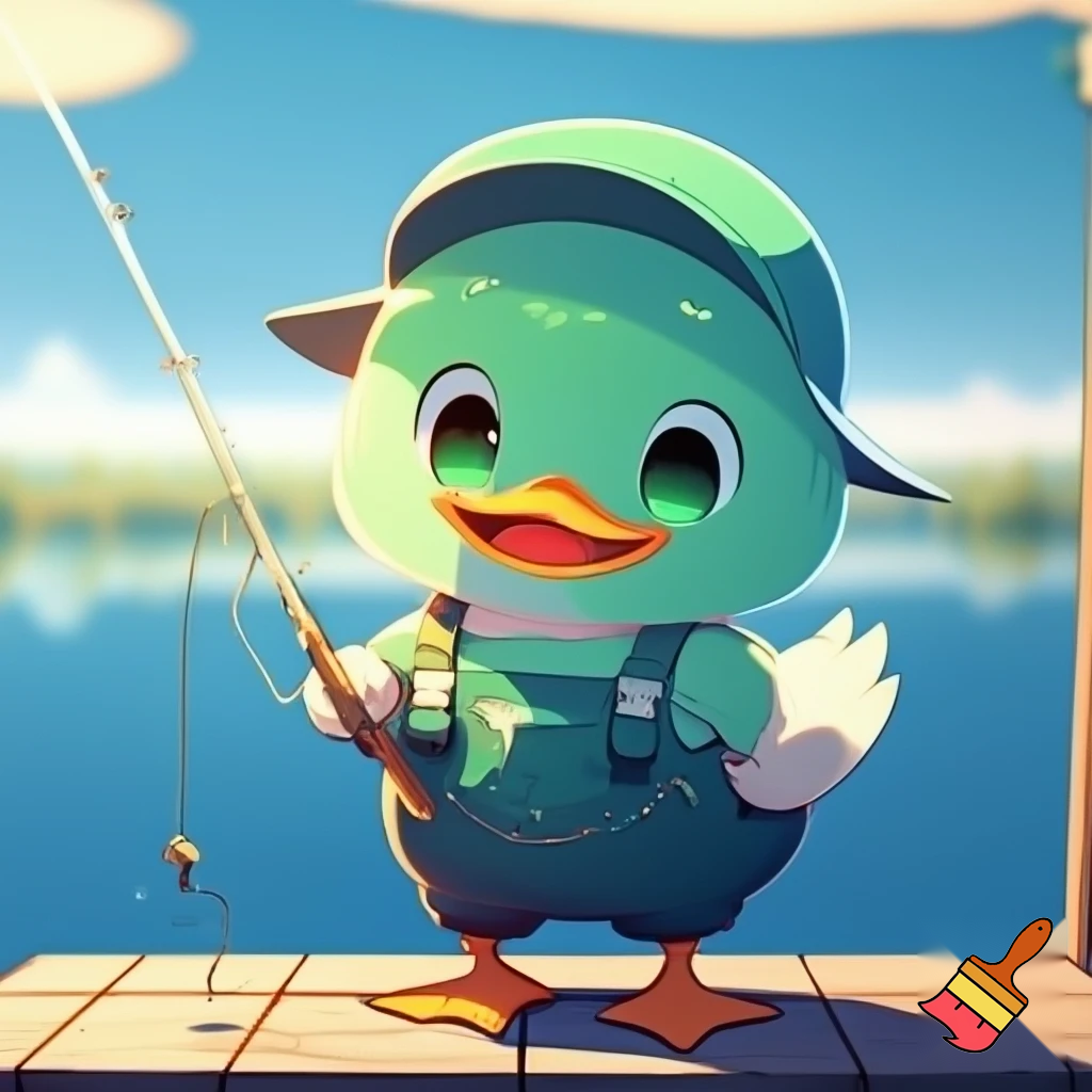 pato, feliz, desenho estilo anime, cor verde, roupa de pescador