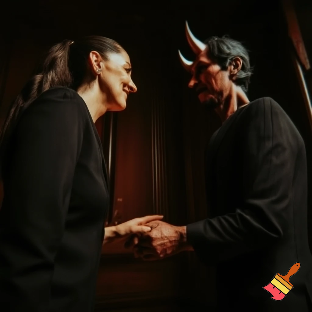 claudia sheinbaum holding hands with the devil and smiling, full body, making deals