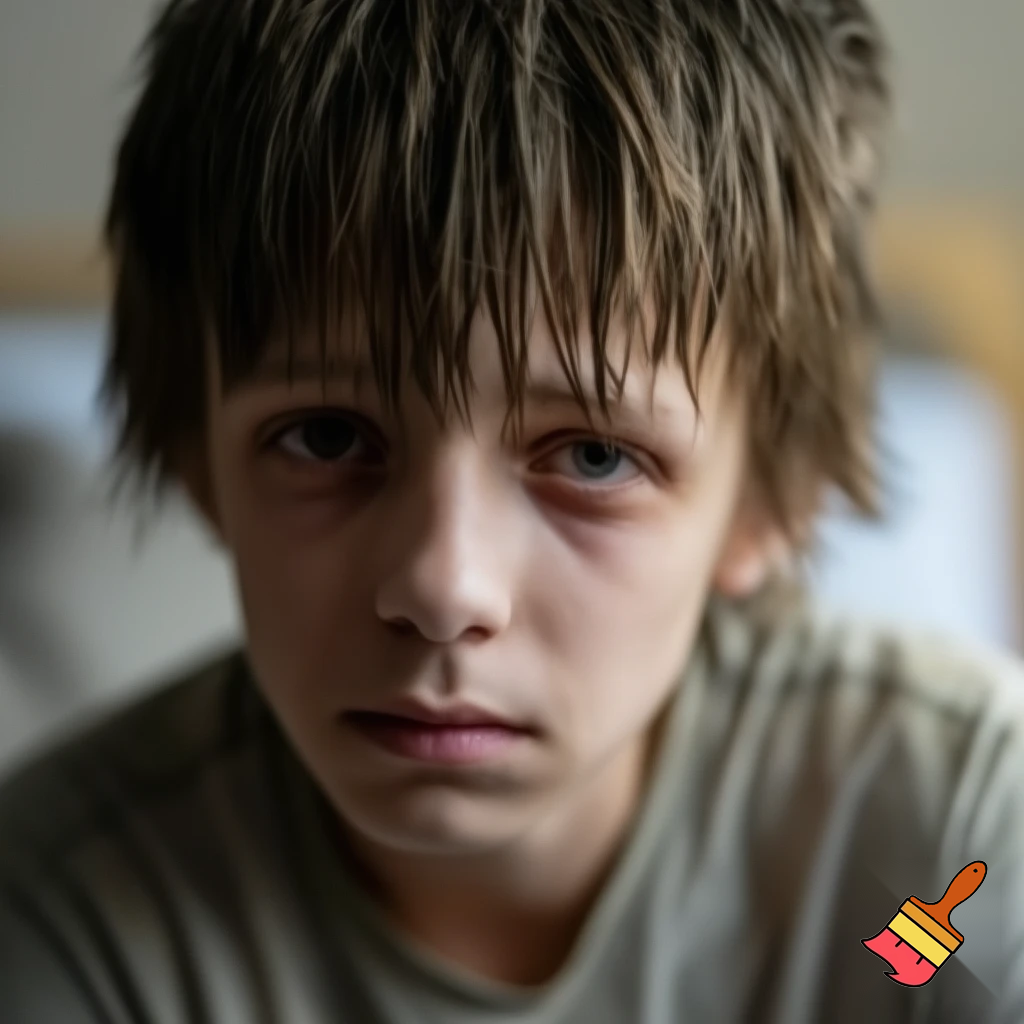 A skinny kid with brown greasy hair and his name is Thomas