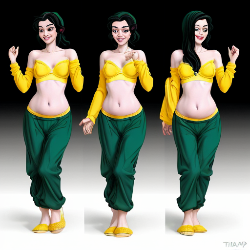 90's disney's 2d aladdin style comic black background and panels of panel 1 tiana with dark green harem pants and bra and curved slippers with both hand palms place together and hiding the bottom of her mouth with a dark green veil wrapped around her arms and attached to her head. 
panel 2 she danced with dark green harem pants barefoot with dark green bra and dark green curved slippers dark green veil wrapped around her arms and shoulders and raising legs and bounced up and down her belly and shook her hips left and right. 
panel 3 as tiana with dark green harem pants and bra and dark green curved slippers and spreading her arms, happily revealing her face to the viewer and giving a smile as she turns around shook her butt left and right. 
Panel 4 as tiana  with dark green harem pants and bra and dark green curved slippers started to fading away , except her belly, which is bouncing around. 
Panel 5 then the ball transforms into the fading in belly of snow white  with yellow harem pants and yellow bra and yellow curved slippers and a yellow veil wrapped around her arms and shoulders with her swaying her hips. 
Panel 6 snow white  with yellow harem pants, yellow bra, yellow curved slippers and yellow veil wrapped around her arms and shoulders gives a smile and winking her left eye 