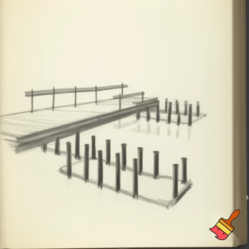 A construction sketch of a dock with 18 pilings and a T shaped end with two benches over a small pond