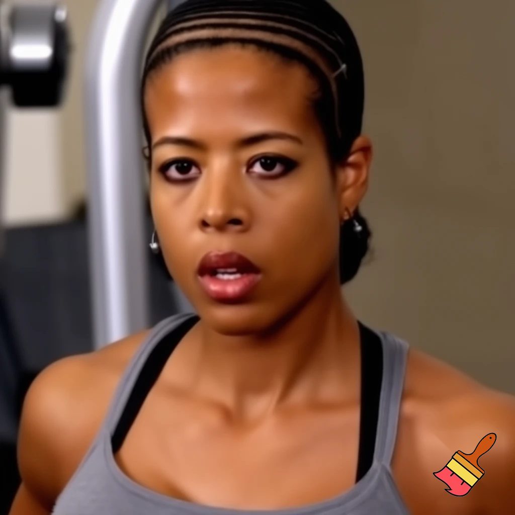 Kelis with a cornrow wearing a grey camisole working out 