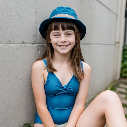 Una ragazza di 11 anni bella con capelli a caschetto lisci di color castano lunghi fino al collo, indossa un costume da bagno di colore azzurro. La ragazza è seduta a terra, ed è appoggiata con la schiena su un muro con le ginocchia piegate e le braccia appoggiate sulle gambe. La ragazza guarda la telecamera con sguardo sereno e felice. Telecamera vista frontale. Immagine di alta qualità. Risoluzione 4K.


