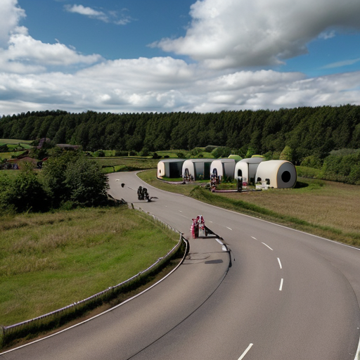 Aerial view of Asland Human peoples and children with sci-fi futuristic clothing at the Asland village with flag of Asland with white field and red-linned black saltire, beige sci-fi futuristic houses with red brick sci-fi futuristic roofs, grey sci-fi futuristic houses with red brick sci-fi futuristic roofs, beige sci-fi futuristic Catholic church with red brick sci-fi futuristic roof, road, gardens, corn fields, meadows taiga forest, hills and cloudy sky in May 2621.