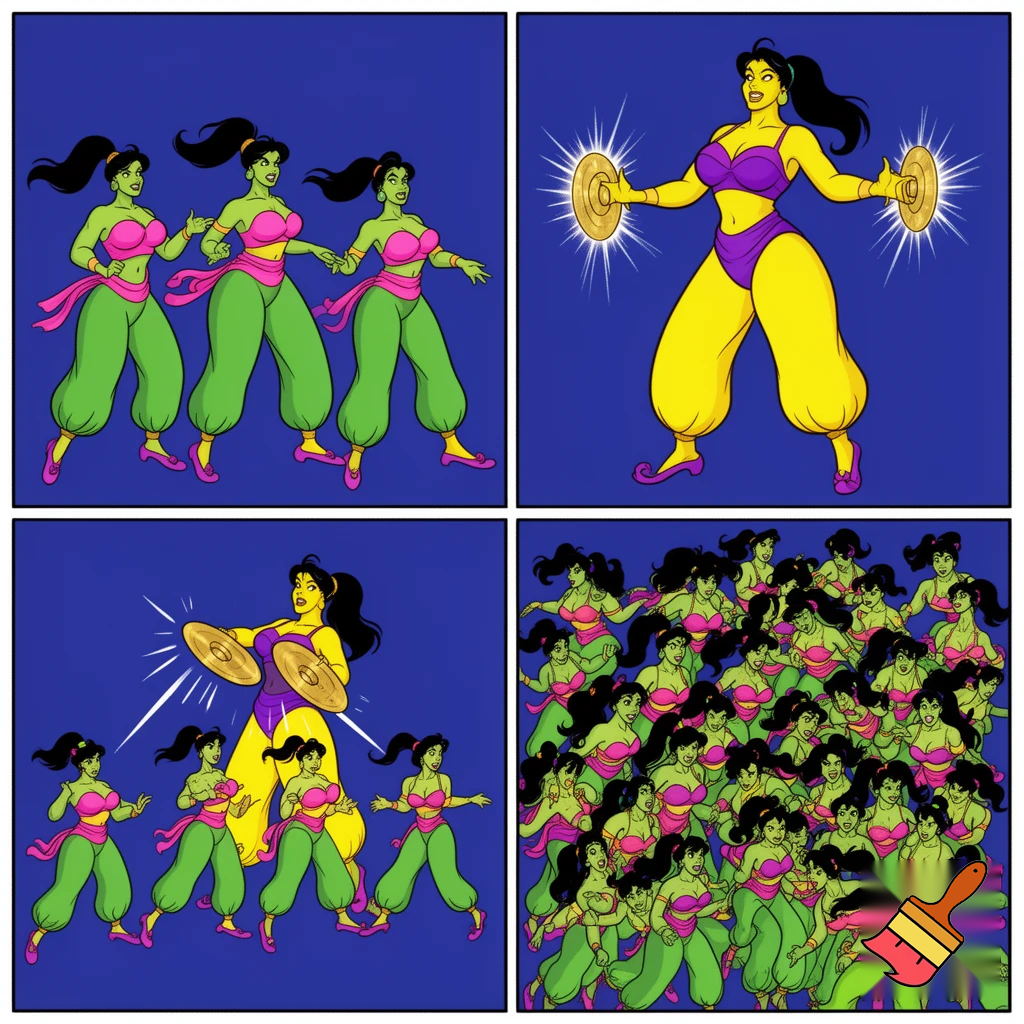 90's disney's 2d aladdin style comic dark blue background and panels of panel 1the three black haired ponytail women with big breast and hips green skin,green harem pants pink bra and pink sash and pink curved slippers,  humiliate the black haired ponytail woman with yellow skin,yellow harem pants purple bra and purple sash and purple curved slippers by the new looks of the three black haired ponytail woman with big breast and hips with green skin,green harem pants pink bra and pink sash and pink curved slippers. 
Panel 2 Then the curvy figure black haired ponytail woman with yellow skin,yellow harem pants purple bra and purple sash and purple curved slippers gets angrier and grows into a giantess curvy figure black haired ponytail woman with yellow skin,yellow harem pants purple bra and purple sash and purple curved slippers and grows a pair of cymbals from her hands. 
Panel 3 then the giant curvy figure black haired ponytail woman with yellow skin,yellow harem pants purple bra and purple sash and purple curved slippers then smashes the three ponytail black haired women with green skin,green harem pants,pink bra and pink sash and pink curved slippers between a pair of cymbals. 
Panel 4 This causes the three black haired ponytail barefoot women with green skin,green harem pants, pink bra and pink sash and pink curved slippers to multiply again and this time becoming a mass of  black haired ponytail women with green skin green harem pants pink bra and pink Sash and pink curved slippers marches under the giantess black haired ponytail woman with yellow skin,yellow harem pants purple bra and purple sash and purple curved slippers