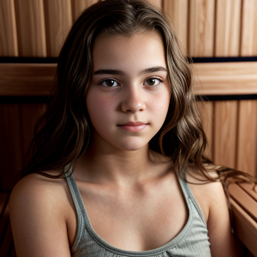 a self portrait of a 14 year old girl with wavy dark brown hair and brown eyes with a diamond face shape teenager , at sauna