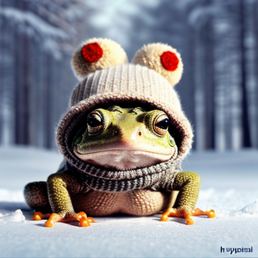 A laughable, puzzled animal toad in woolen, multicoloured winter clothings with woolen winter cap. Hyperrealistic art style.