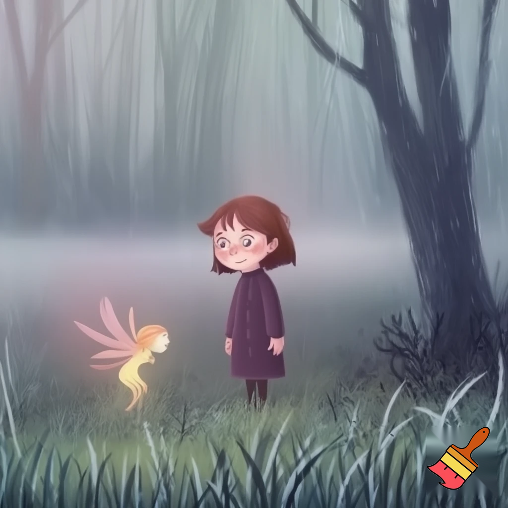 “Morning in the Mist”

A young girl named Sarah stands at the edge of a misty forest meadow on a rainy morning, coat buttoned to her chin. Beside her drifts a tiny glowing Fey, a spirit of light woven from wind and color. The scene feels calm, magical, and full of possibility; soft lighting, painterly children’s-book style, pastel palette, detailed fog and grass.