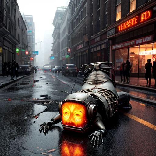 a rain-slicked city street at night, neon signs flickering through the haze as twisted biomechanical abominations shamble between overturned cars and shattered storefronts. These grotesque humanoid hybrids fuse pulsating organic tissue with rusted plating, their exposed muscle fibers writhing around hydraulic pistons, dripping blackened oil and viscera onto the cracked asphalt. Hazmat-suited figures scramble in the background, their glowing containment units casting an eerie green light on a bisected robot corpse—its still-twitching upper half dragging itself forward using torn intestinal cords as grappling hooks. Half-melted faces stretch across metal skull frames, jaws unhinging vertically to release guttural steam hisses as they clutch eviscerated human torsos like gruesome shopping bags. A towering construct with six spinal columns fused into a centipede-like tail crushes a streetlight underfoot, its dozen mismatched eyes reflecting the distant explosion ripping through the quarantine zone's barricades