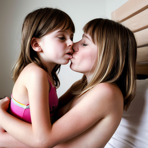 Genera la imagen real de dos niñas rubias de 8 años sin.ropa con acariciandose en la cama con su padre besandose