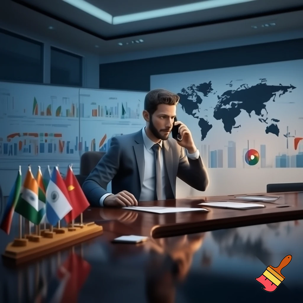 In a business room, a businessman in a suit is sitting at a table and talking on the phone. On the table are flags of Iraq, Afghanistan, China, India, Turkey, Tajikistan, Pakistan. On the wall of the room are boards with sales charts. On the wall is a large board with a world map.