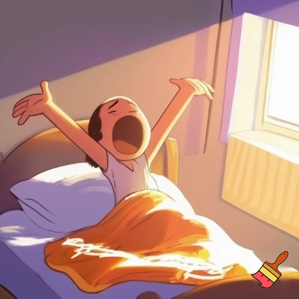 “Person sitting in bed, stretching arms and yawning, blanket on bed, morning sunlight, bedroom, simple cartoon style, bright colors”
