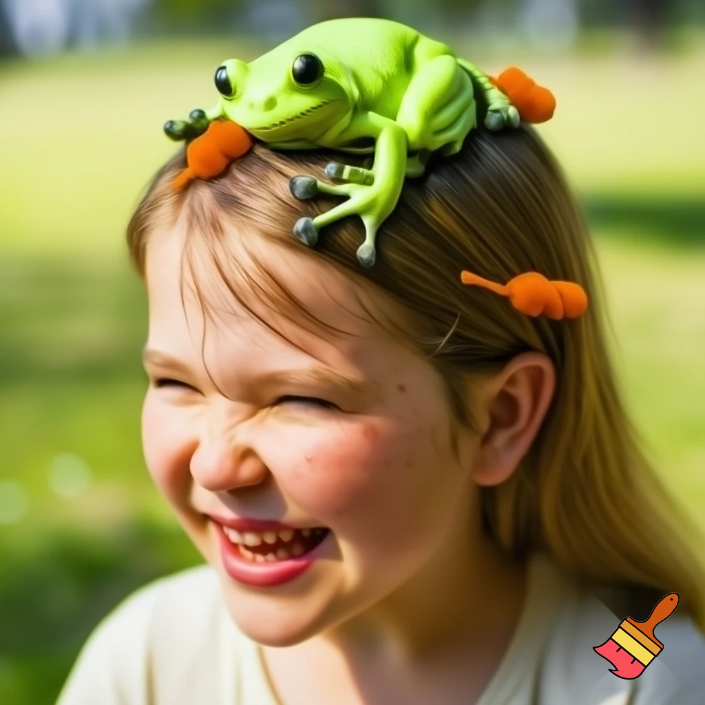 a inpoyle in  a plane is happy of a on her head she put hot cheetos on her head  when the girl done with her flit  the frog hit her head the frog go away
