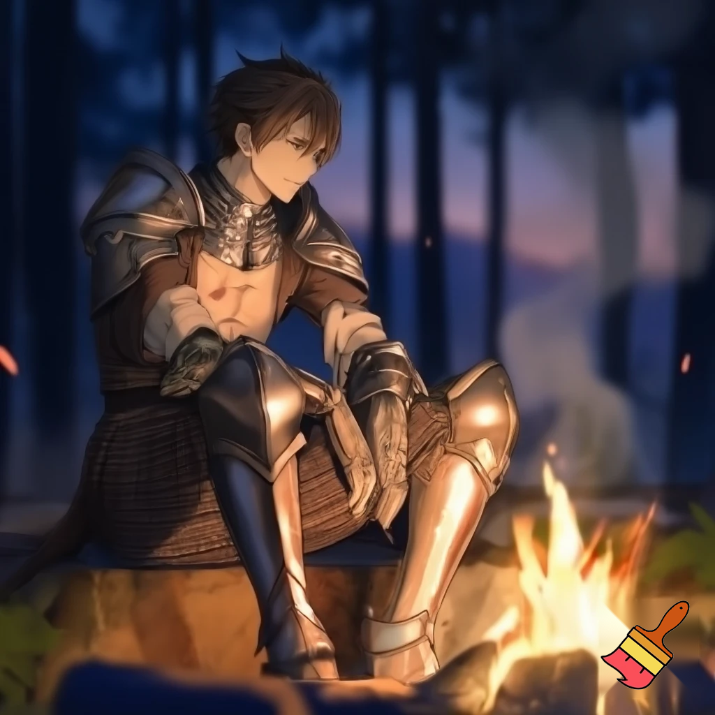 An anime knight with his armour off sitting around a campfire with his shirt off and only 
