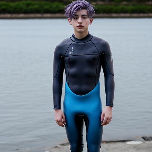 anime teen boy with purple hair wearing blue full body wetsuit layered with denim jacket