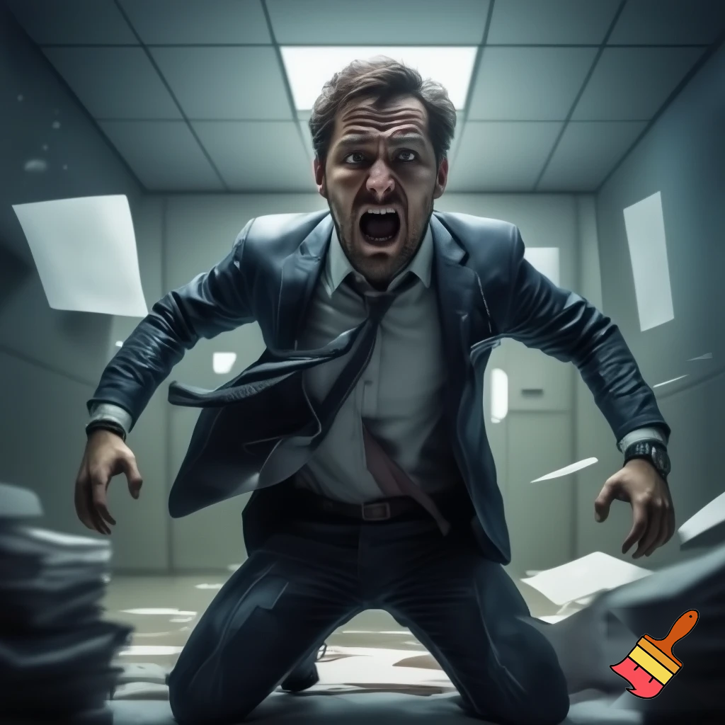 make a guy screaming and crying on his knees after losing everything. Make it super exaggerated. Make him at his office with a suit and tie
