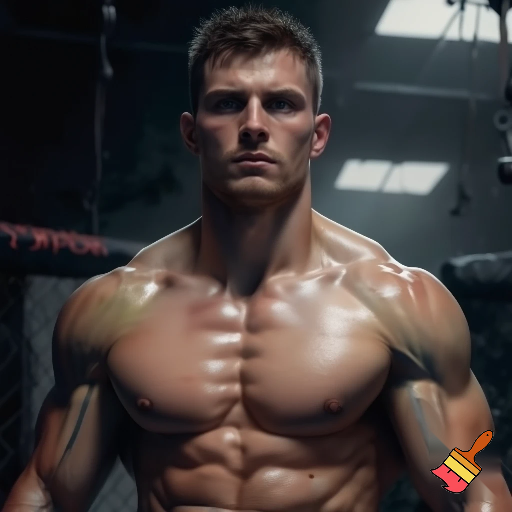 A mixed martial artist who has gone down two weight classes for a fight. His cheeks are sunken and his ribs are visible and his muscles stand out alarmingly. Nonetheless, he stands tall and steady. His eyes are watery blue, his hair is brown and his ears stick out. 