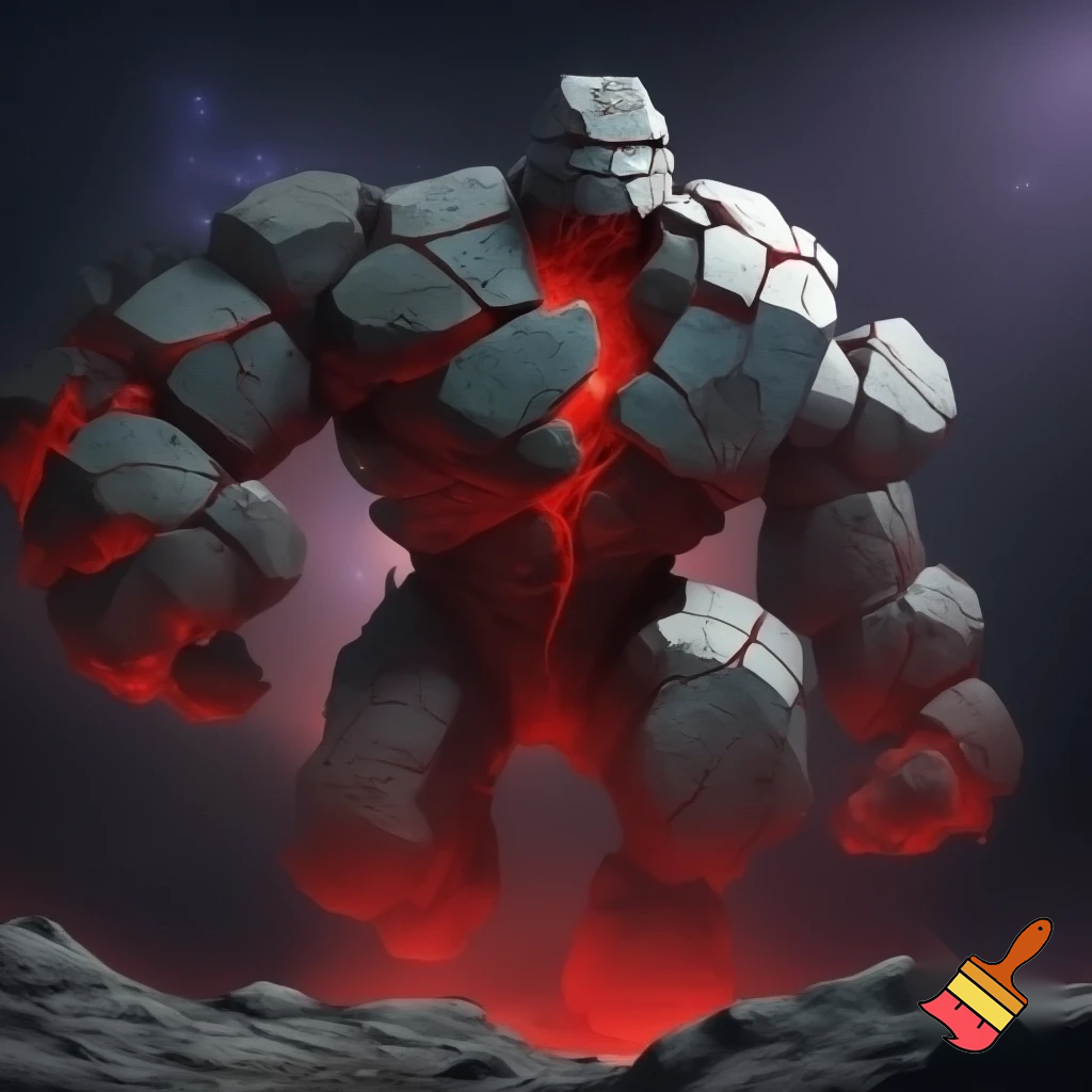 A massive stone creature made of floating black rock fragments held together by red glowing energy. His body looks like a broken statue drifting in place, with heavy stone plates orbiting around him. His mask-like face has a red crack running vertically down the middle. He looks intimidating, powerful and ancient, with an aura of weight and gravity.
