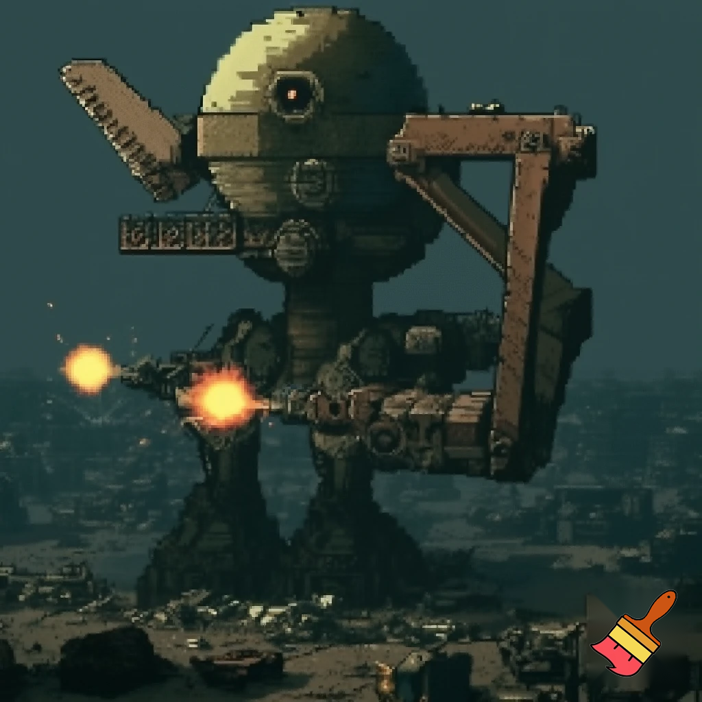 Make a pixel art of a enemy that is a robot crane head and has crane arms is really tall and is found in junkyards they could also shot balls of energy and this is a enemy for jumpbot the main charecters in our game