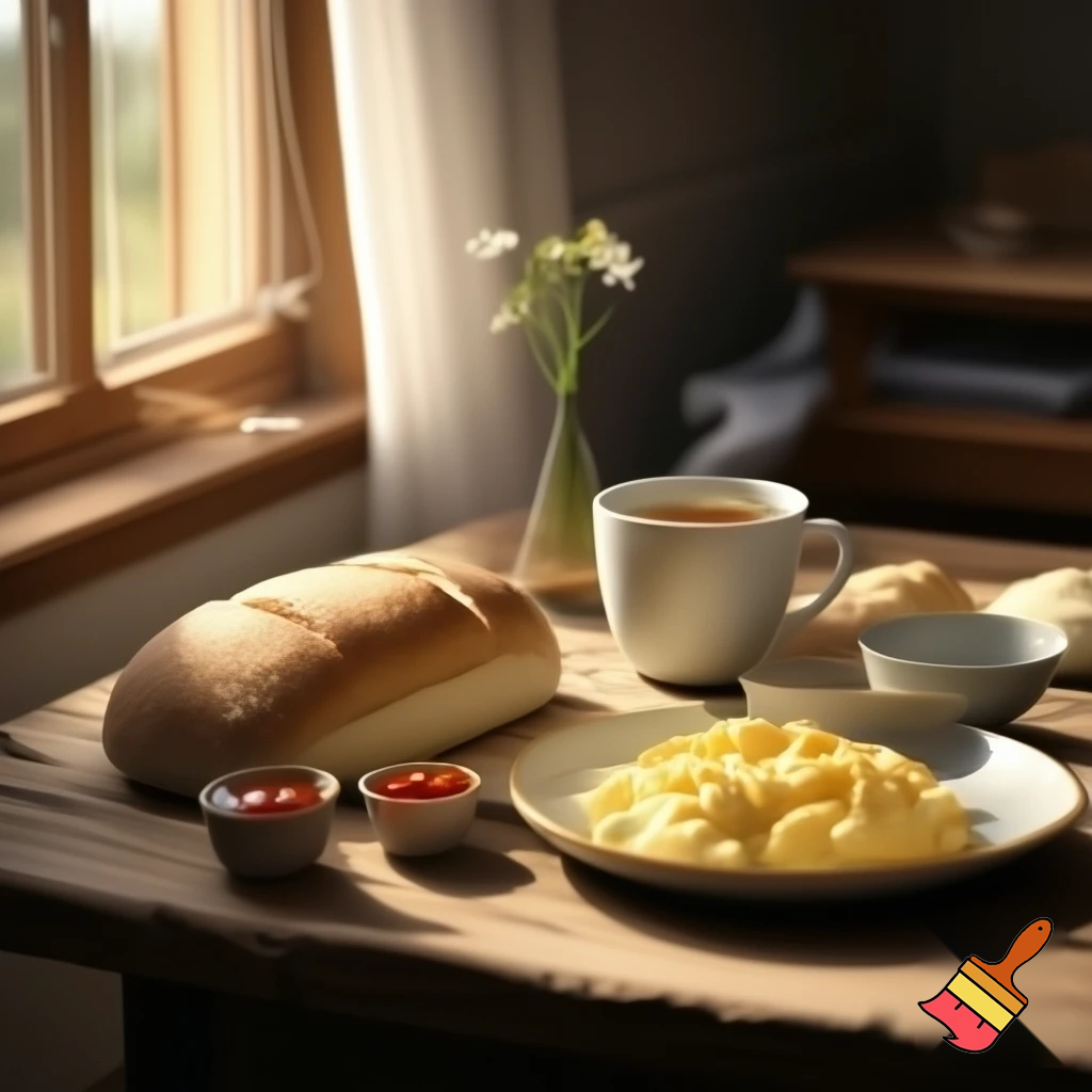 "A cozy and warm breakfast scene inside a home, with a wooden table set with fresh bread, jam, cheese, butter, scrambled eggs, and a cup of tea or coffee. The surroundings feature simple and comfortable home items, such as light curtains in the window, fresh flowers on the table, and soft, natural light streaming through the window. The atmosphere is extremely homely and inviting, with warm and soft colors."
