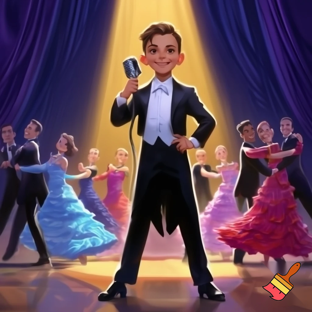 Preteen Boy in Top Hat White Bowtie Black Tailcoat Black Shoes singing in Microphone on a big stage with preteen Ballroom Dance Couples Dancing behind, the boys in black tailcoats, the girls in beautiful ballroom gowns