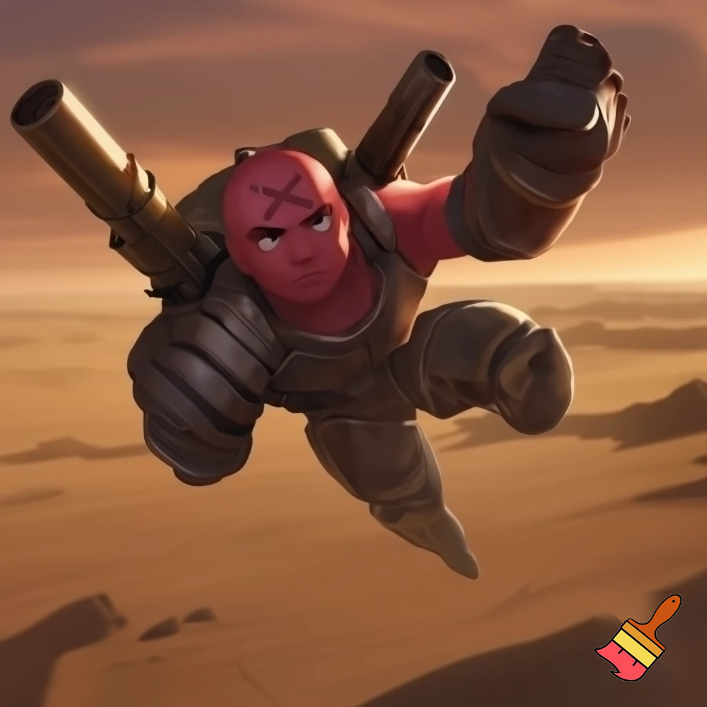 Character with light red skin and round head marked with an X on his face wearing headphones the character has armored pieces on the arms and legs two RPGs mounted on the shoulders and a backpack the character is depicted flying in a cool pose in desert