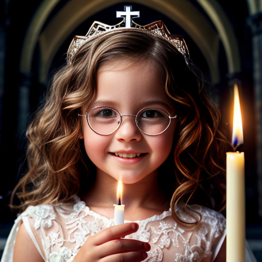Cute adorable niña Chilindrina glasses con hair curly Blonde con corona Flores con verano elegante formal primera comunión sensual sexy con holding vela dé candela con altar con iglesia templó católico 3