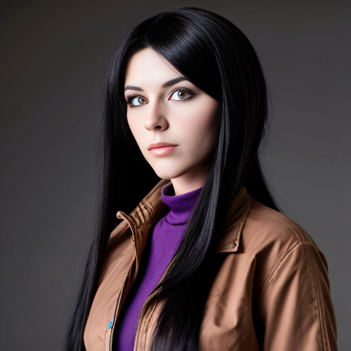 Anthropomorphic humanoid female black wolf with long pretty black hair and purple eyes, wearing a brown jacket 