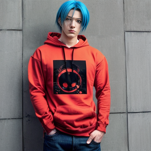 Super tuff nonchalant anime dude with a red shirt black hoodie and blue eyes