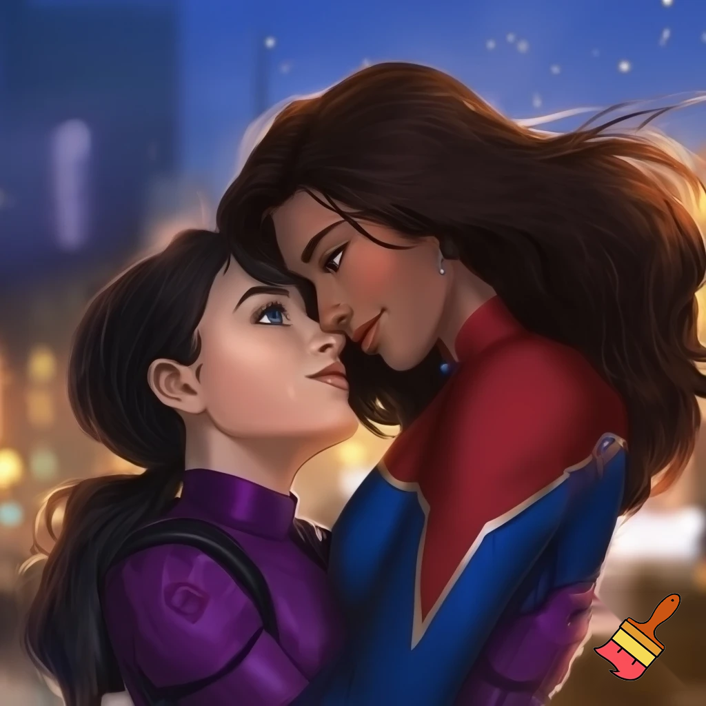 Kate Bishop  Hawkeye white skin dark hair blue eyes purple outfit kissing ms marvel Kamala khan brown skin dark brown hair dark eyes red blue outfit 