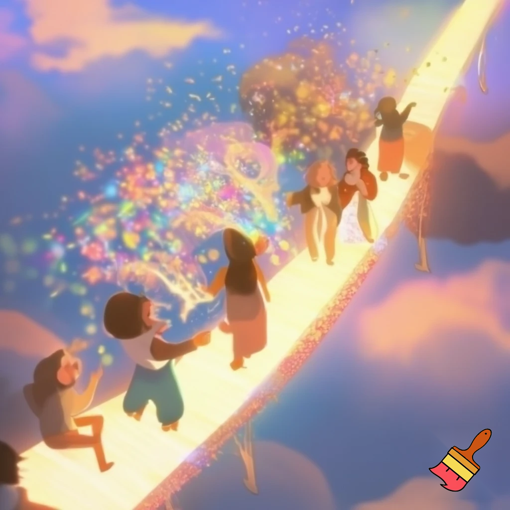 reuniting with friends on glowing floating pathway, laughter represented as colorful sparkles, warm magical sunlight, dreamy happiness”