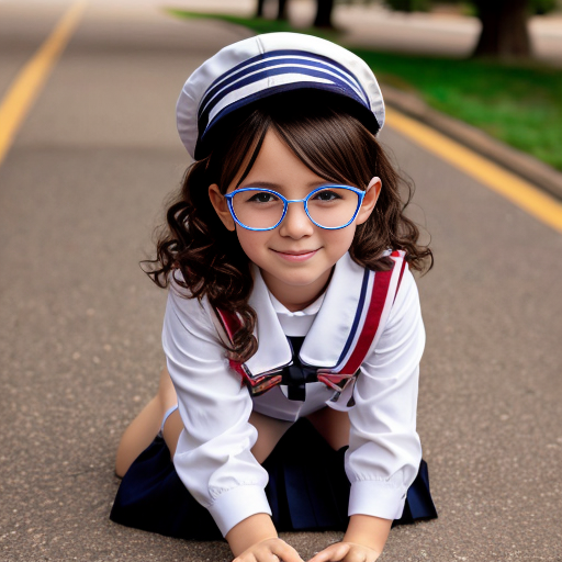 Cute adorable niña Chilindrina glasses con hair lazo curly con verano sailor uniforme escolar con zapatos negros escolar con calcetines blancos con sombrero sailor con grupal con caminar con desfile Estados Unidos América bandera con ciudad 34