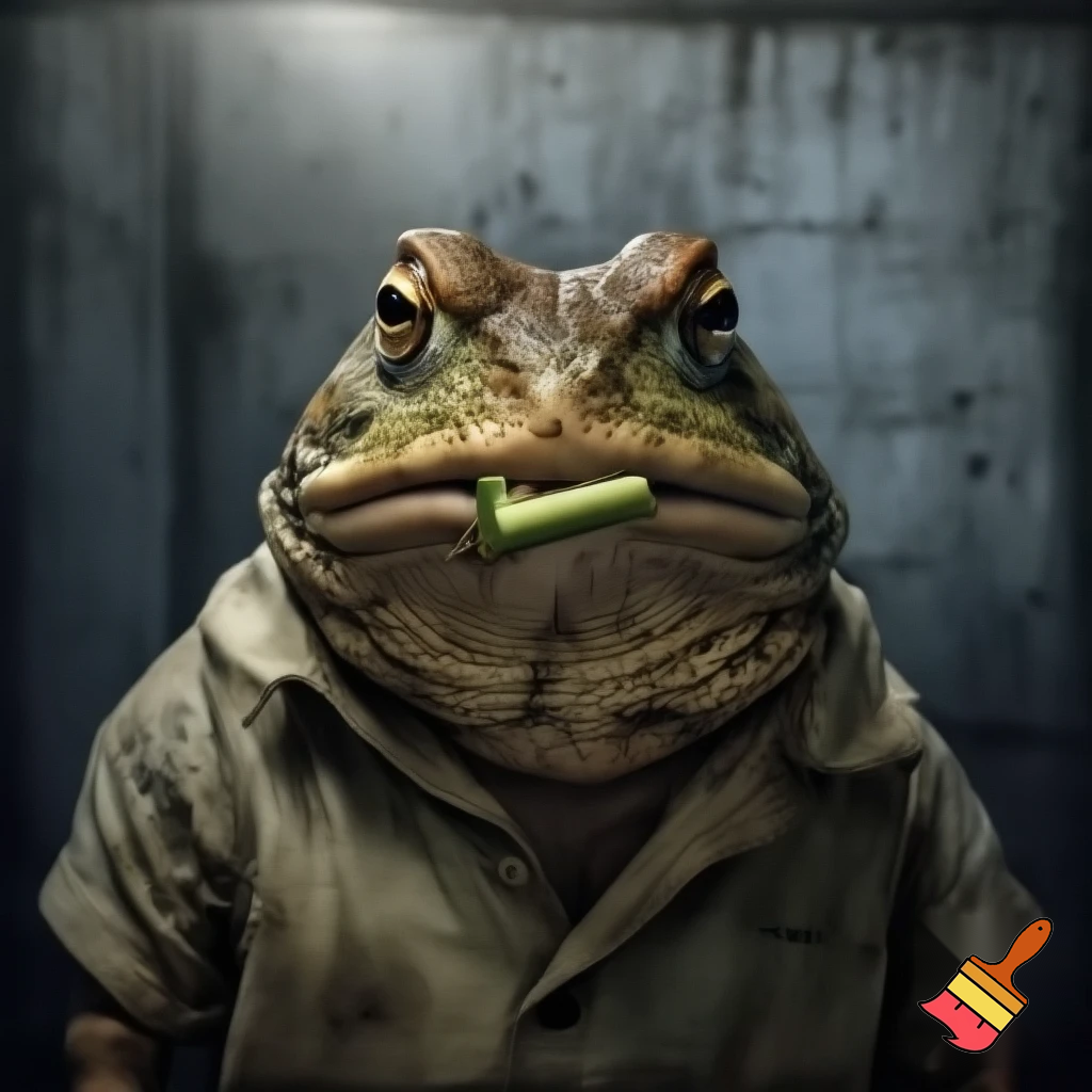 Cane Toad, Angry, Frowning, Sugercane in mouth, prisoner, Mugshot