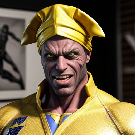 peux tu générer un homme requin humanoide  qui porte un costume jaune abimé. Ses bras protent  des ailerons de requins. Il est musclé et à l'air méchant. Il porte un chapka sur la tête.

